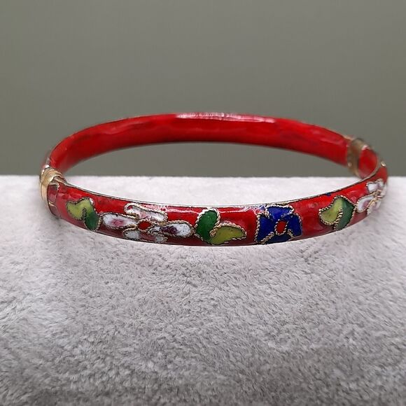 Vintage Asian Gold Trim Red Floral Cloisonné Hinged Bangle Bracelet, 7 1/4 Inch - Picture 10 of 10